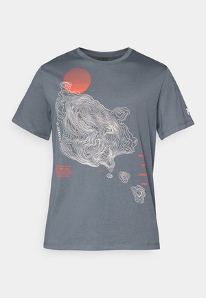 Gray cotton t-shirt featuring a topographic design in white and a red circle. Text included in red and white along the left side.