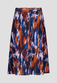 Une jupe jusqu'aux genoux en tissu lisse, ornée d'un motif abstrait vibrant dans des tons de rouille, bleu et rose, avec une taille ajustée.