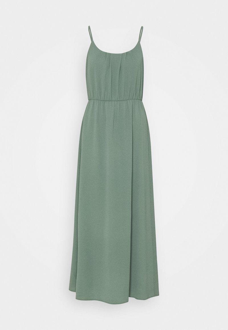 Groene mouwloze maxi-jurk met een ingezette taille. Gemaakt van zachte stof, met een vloeiende silhouet en subtiele textuur.