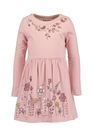 Pink long-sleeve girl’s dress with gathered waist, floral and butterfly prints on chest and skirt hem.