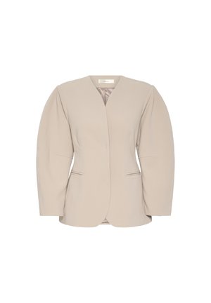 Beež ülikondjakk sügava V-kaelusega, struktureeritud õlgade ja pikkade varrukatega. Omab kahte esipaneeli taskut ja sujuvat viimistlust.