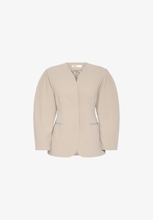 Beež ülikondjakk sügava V-kaelusega, struktureeritud õlgade ja pikkade varrukatega. Omab kahte esipaneeli taskut ja sujuvat viimistlust.