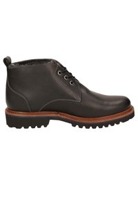 Bottines en cuir noir avec un design à lacets, surface texturée, semelle intermédiaire marron contrastante et semelle en caoutchouc robuste.