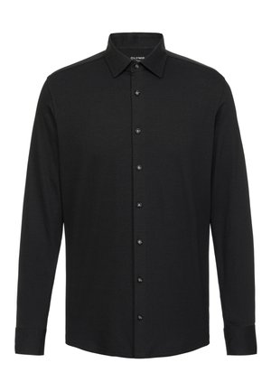 Maglietta nera a maniche lunghe in un tessuto morbido, con colletto a camicia e bottoni frontali, dal design minimalista e senza fantasie.