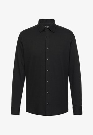 Maglietta nera a maniche lunghe in un tessuto morbido, con colletto a camicia e bottoni frontali, dal design minimalista e senza fantasie.