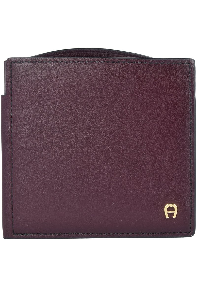 Burgundy leather wallet with a smooth texture and rounded top, featuring gold hardware logo and contrasting black stitching details.