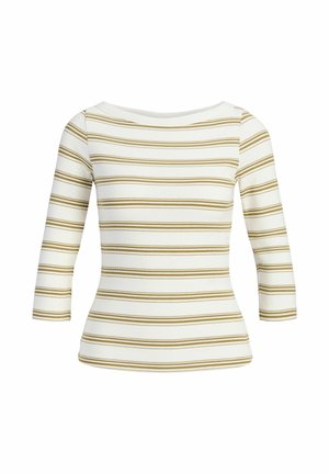 White fitted shirt with three-quarter sleeves featuring horizontal beige and brown thin stripes.