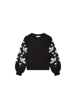 Zwarte sweatshirt met witte bloemen- en sterrenpatronen op de opgeblazen mouwen. Klassieke ronde hals en geribbelde zoom. Gemaakt van zacht textielmateriaal.