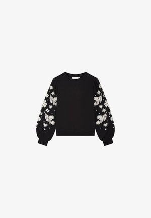 Zwarte sweatshirt met witte bloemen- en sterrenpatronen op de opgeblazen mouwen. Klassieke ronde hals en geribbelde zoom. Gemaakt van zacht textielmateriaal.