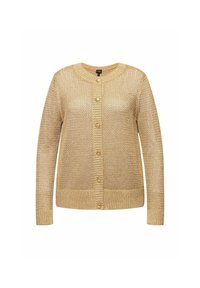 Cardigan lavorato a maglia dorato con scollatura tonda, maniche lunghe, polsini a coste e chiusura frontale con bottoni decorativi.