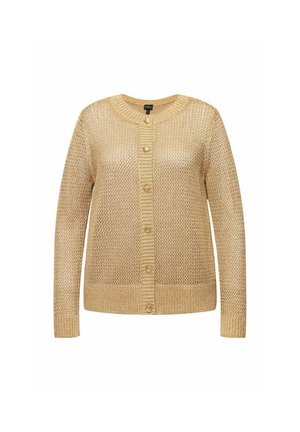Golden knitted cardigan featuring a round neckline, long sleeves, ribbed cuffs, and front button closure with decorative buttons.