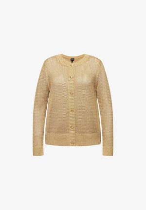 Kultainen neulotut neuletakki, jossa on pyöreä kaula-aukko, pitkät hihat, ribbireunat ja etupainike suljenta koristeellisin nappitie.