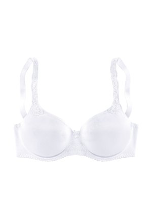 White padded bra with adjustable lace straps and underwire support, featuring a small central bow and smooth molded cups.