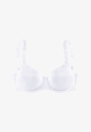 White padded bra with adjustable lace straps and underwire support, featuring a small central bow and smooth molded cups.