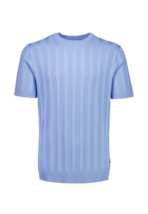 Maglione corto a maniche corte di colore azzurro chiaro con texture a coste verticali e scollo rotondo. Orlo e maniche presentano dettagli a coste.