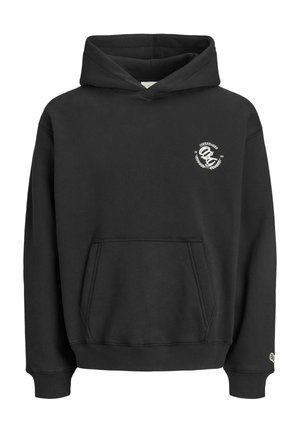 Sweat à capuche noir avec poche avant et petit logo blanc sur la poitrine et le poignet de la manche.