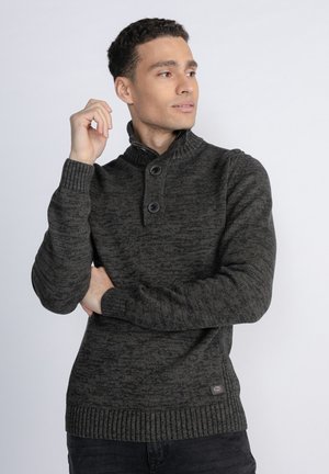 Dark gray knitted sweater with a high collar, featuring two buttons, ribbed cuffs and hem, and a subtle textured pattern.