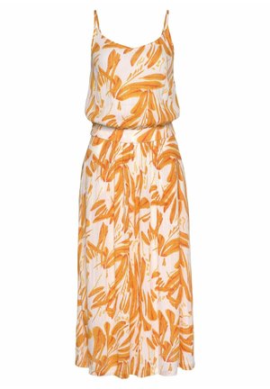 Ärmeløs midi-kjole med tynde stropper, elastisk talje, hvid bund og orange abstrakt blomsterprint.