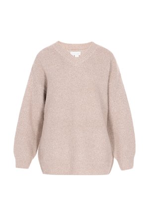 Beige strikket sweater med V-udskæring, lange ærmer og en afslappet pasform. Har tekstur med ribkant ved kanten og ærmerne.