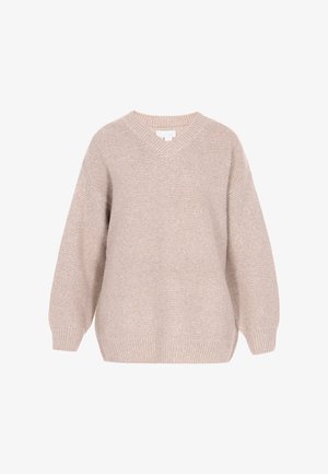 Beige strikket sweater med V-udskæring, lange ærmer og en afslappet pasform. Har tekstur med ribkant ved kanten og ærmerne.