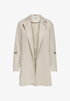 Veste d'extérieur en daim beige avec un col à revers, une ouverture devant, deux poches latérales et des accents de manches avec du matériel circulaire.