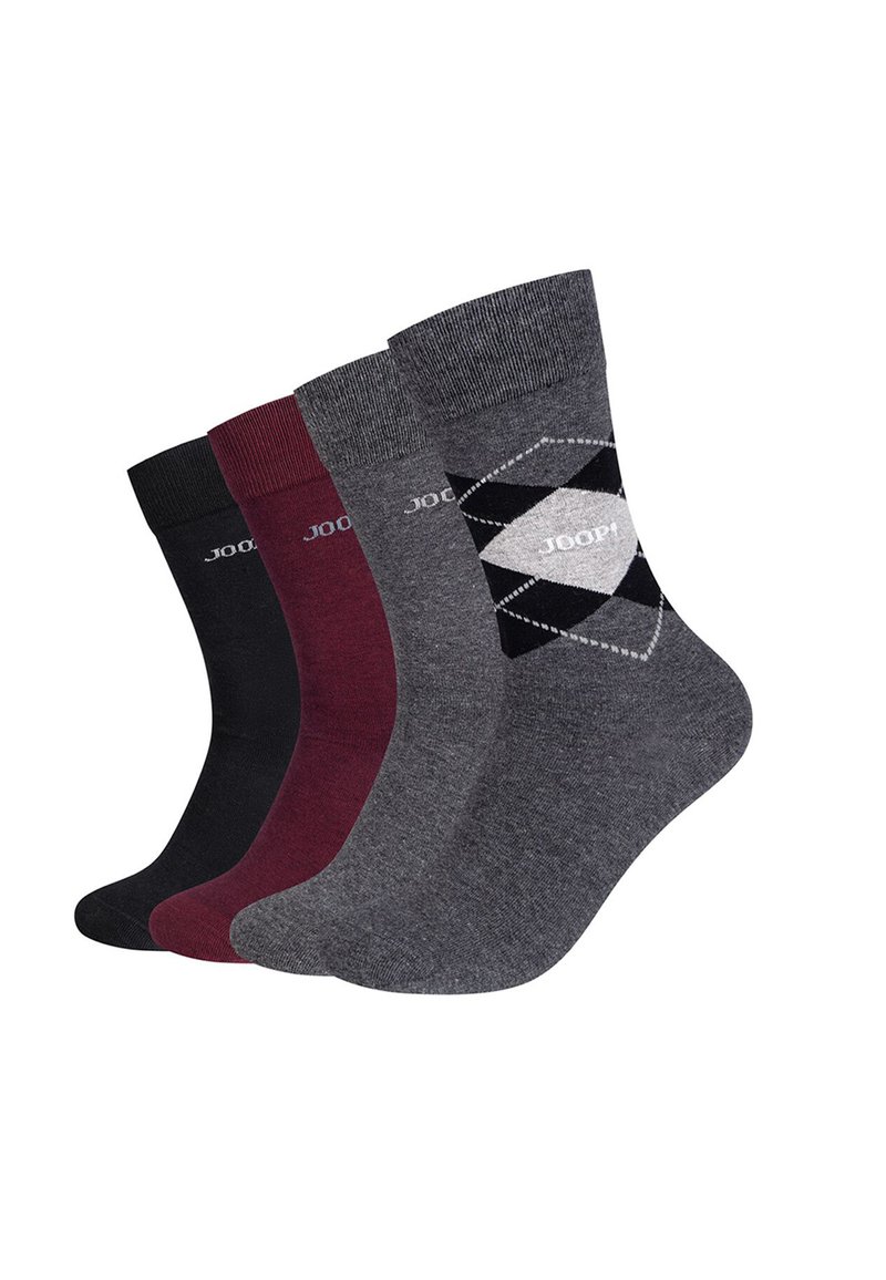 Quattro paia di calzini in nero, bordeaux e due tonalità di grigio. Un paio presenta un motivo argyle con un logo. Texture lavorata a maglia e polsini.