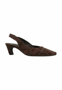 Bruine suède slingback hak met een spitse neus en een gestructureerd patroon. Bevat een gematigde hak en een flexibele zool voor comfort.