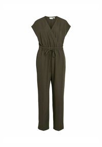 Mono sin mangas de color verde oliva con escote en V, cintura ceñida con un cinturón de tela delgada y pantalones de pierna recta.