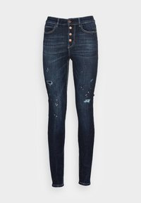 Mörkblå denim skinny jeans med hög midja, femknapsstängning och slitna detaljer, med fransiga accenter och subtila urtvättning.