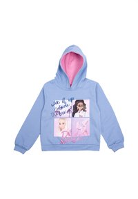 Felpa leggera blu con rivestimento interno rosa, presenta grafiche stampate di personaggi, la scritta "vivi fuori dagli schemi" e accenti luccicanti.