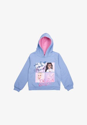 Felpa leggera blu con rivestimento interno rosa, presenta grafiche stampate di personaggi, la scritta "vivi fuori dagli schemi" e accenti luccicanti.