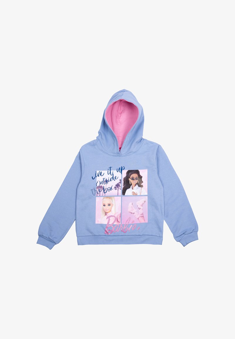 Felpa leggera blu con rivestimento interno rosa, presenta grafiche stampate di personaggi, la scritta "vivi fuori dagli schemi" e accenti luccicanti.