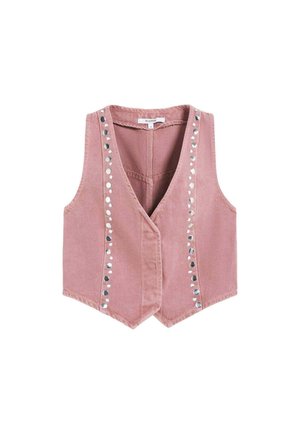 Chaleco de mezclilla rosa sin mangas con escote en V y tachuelas plateadas verticales a lo largo de los bordes frontales, lavado medio, talla pequeña.