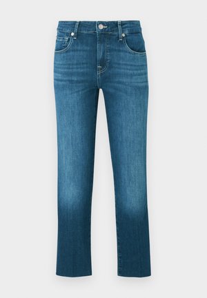 Jeans albastri din denim cu croială dreptă, închidere frontală cu nasturi și fermoar, cinci buzunare și ușoare decolorări pe coapse, pe fundal alb.