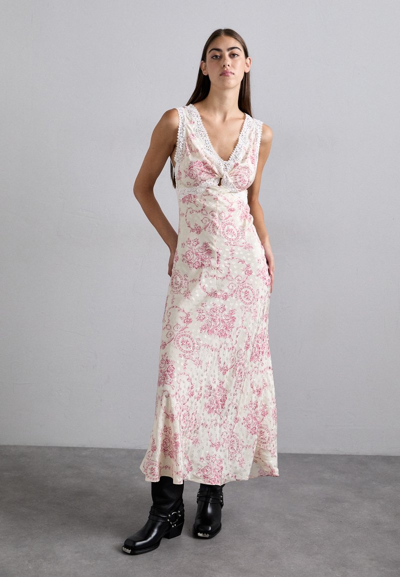 sandro pink floral dress Sandro White/Pink Irya Floral Print Linen Blend Midi Dress XS Sandro