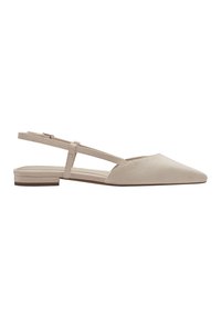 Beige slingback apavi ar smailu purngalu, izgatavoti no mīksta zamšāda. Iezīmē minimālisma stilu ar zemu sakrautā papēdi un plānām potītēm.