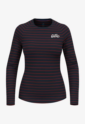 T-shirt à manches longues avec des rayures horizontales bleu marine et rouges, doté d'un col rond et du logo Odlo sur la poitrine, fabriqué dans un tissu extensible et lisse.