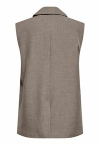 Veste sans manches en lin taupe avec des épaules larges et un col simple, vue de dos sur fond blanc.