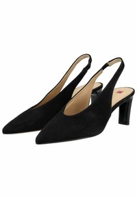 Tacones slingback de ante negro con punta afilada, tacones bajos en bloque y un diseño recortado. Forro interior suave con un sutil detalle de logo.