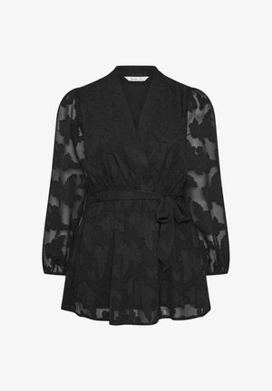 Czarna bluzka o kroju wrap z długimi przezroczystymi rękawami, z teksturą koronkową w kwiaty i wiązaniem w talii, z głębokim dekoltem w kształcie V i marszczoną talią.