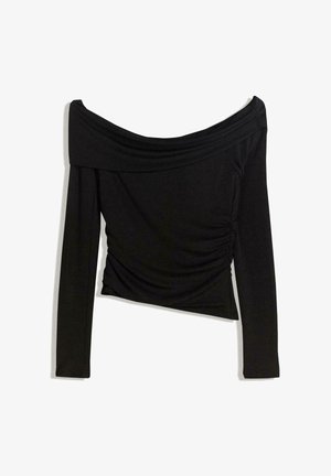 Svart långärmad topp med off-the-shoulder-design. Har en rynkad sida och en jämn yta. Tillverkad av elastiskt tyg.