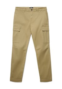 Pantaloni cargo color sabbia realizzati in tessuto leggero, dotati di due tasche laterali e una vestibilità comoda. Texture liscia e design a gamba dritta.