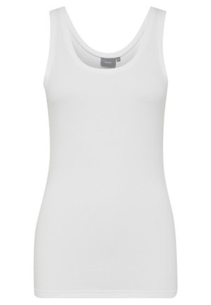 White sleeveless tank top with a scooped neckline, made from smooth fabric. Features a fitted shape and minimal seams for a streamlined look.