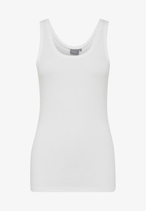 Top alb fără mâneci, cu decolteu în formă de U, realizat dintr-un material neted. Are o formă ajustată și cusături minime pentru un aspect elegant.