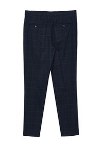 Marineblau karierte Hose aus einem Stoff mit glatter Textur. Verfügt über zwei Gesäßtaschen mit Knöpfen und eine taillierte Passform.