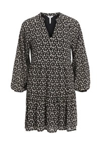 Robe noire à fleurs avec décolleté en V, manches longues bouffantes et ourlet à volants en étages. Présente de petits motifs de fleurs roses et crème sur le tissu.