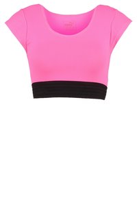 Top corto rosa con maniche corte, caratterizzato da un fondo a righe nere. Realizzato in un tessuto liscio e elastico per comfort e flessibilità.