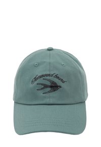 Cap made of teal cotton with a curved visor. Features black embroidered lettering and a swallow design on the front.