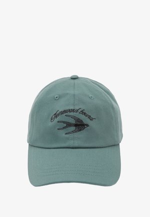 Pet met een turquoise katoen en een gebogen klep. Voorzien van zwarte geborduurde letters en een zwaluww ontwerp aan de voorkant.