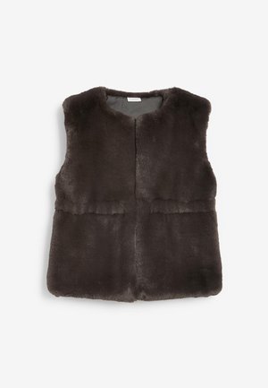 Dunkelbraune ärmellose Kunstpelzweste mit rundem Ausschnitt und verdecktem Frontverschluss, flach liegend auf weißem Hintergrund dargestellt.